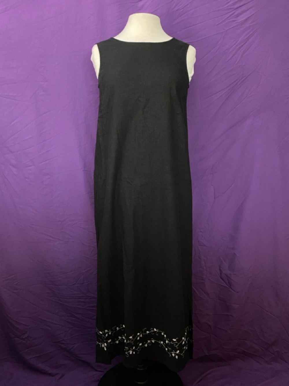 Vintage 90s Sleeveless Black Linen Embroidered Beaded Hem Maxi Dress. Size MP.
